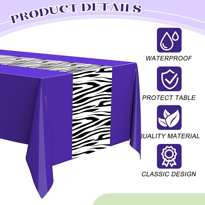 Buryeah 3 Pcs Zebra Tablecloth Zebra Print Plastic Table Cloth Disposable Tablecloth Animal Safari Table Cover 54 x 108'' for Baby Shower Wedding Birthday Party Decorations Supplies (Purple)