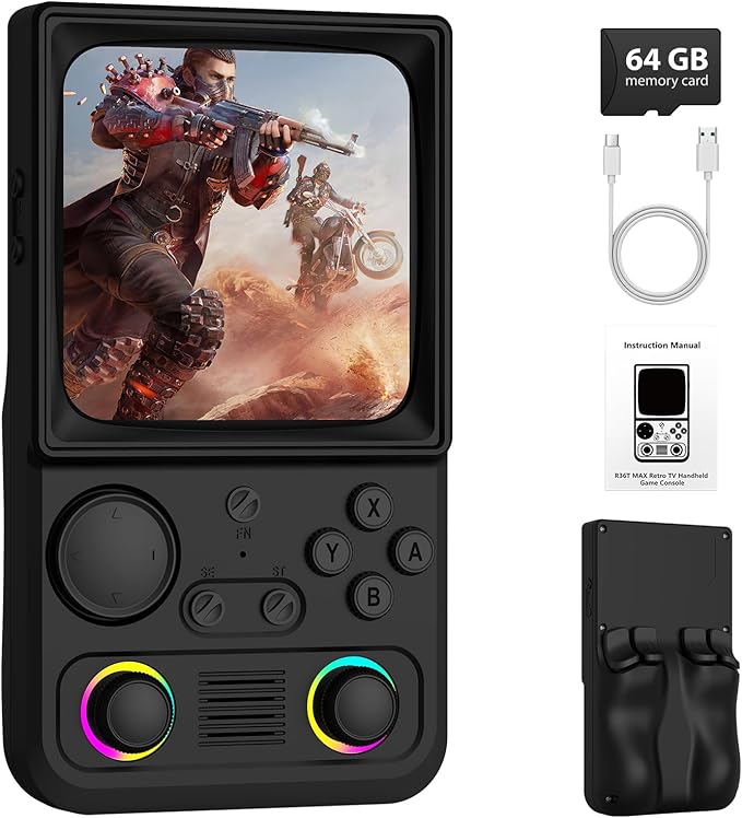 R36TMAX Retro Handhled Game Console, 4.0 Inch Retro Gaming Console with 4000mAh Battery, 64GB Preloaded with 18000+ Video Games, Portable Retro Game Console Supports WiFi Networked Fighting, Black