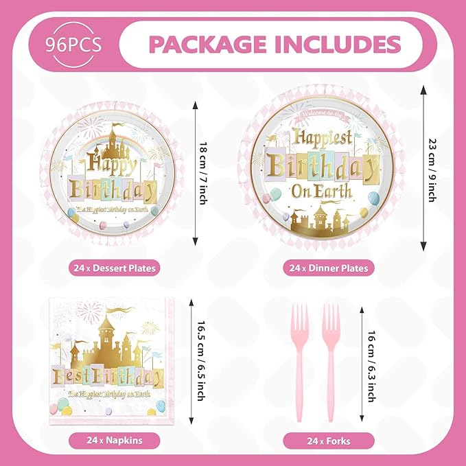 Grencian 96 Pcs Princess Castle Birthday Party Decorations Happy Birthday on Earth Paper Plates Pastel Rainbow Stripes Plates and Napkins Gold Glitter Tableware Set for Girl Baby Shower Supplies