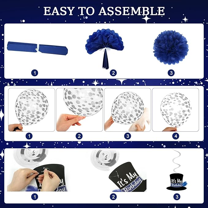 Ouddy Life 91Pcs Blue and Black Happy Birthday Decorations for Men with Happy Birthday Banner Confetti Foil Balloons Fringe Curtain Hanging Swirl for 21st, 25th, 27th 40th Birthday Party Supplies