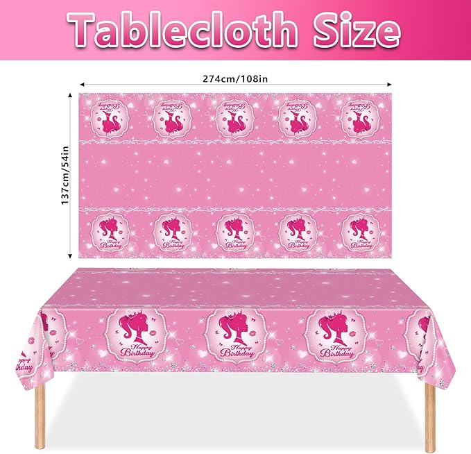 98PCS Pink Girl Birthday Party Supplies Hot Pink Party Tableware Set Sweet Girls Birthday Baby Shower Decorations Princess Paper Plates and Napkins Set Tablecloth Banner Serve 16 Guests