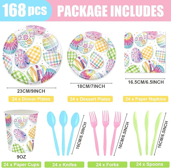 168PCS Easter Party Supplies Watercolor Easter Eggs Party Decorations Colorful Tie-dye Paper Plates Napkins Cups and Forks for Spring Celebration Easter Day Egg Hunt Holiday Brunch Serves 24