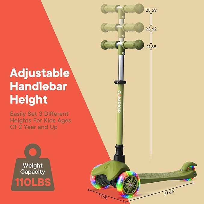 Neon Green Mini 3 Wheel Scooter for Kids – Lean-to-Steer Kick Scooter with LED Light-Up Wheels, Adjustable Handlebar, Wide Anti-Slip Deck, Smooth Wheels, Rear Foot Brake – Toddler Scooter for Ages 2+