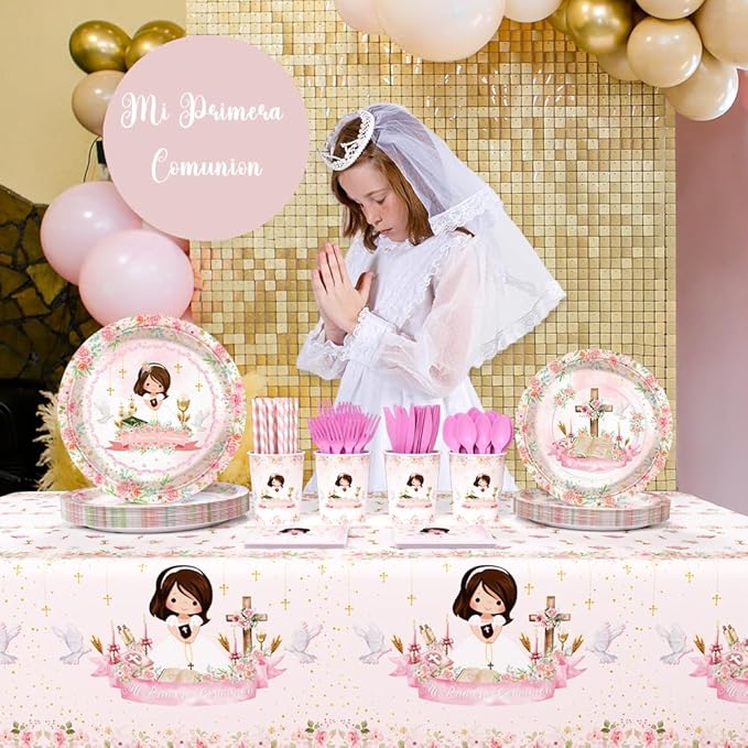 194 Pcs Pink Mi Primera Comunion Party Supplies Decorations for Girl Pink First Holy Communion Party Decorations Disposable Tableware Set with Plates Napkins and Tablecloth Serves 24 Guests