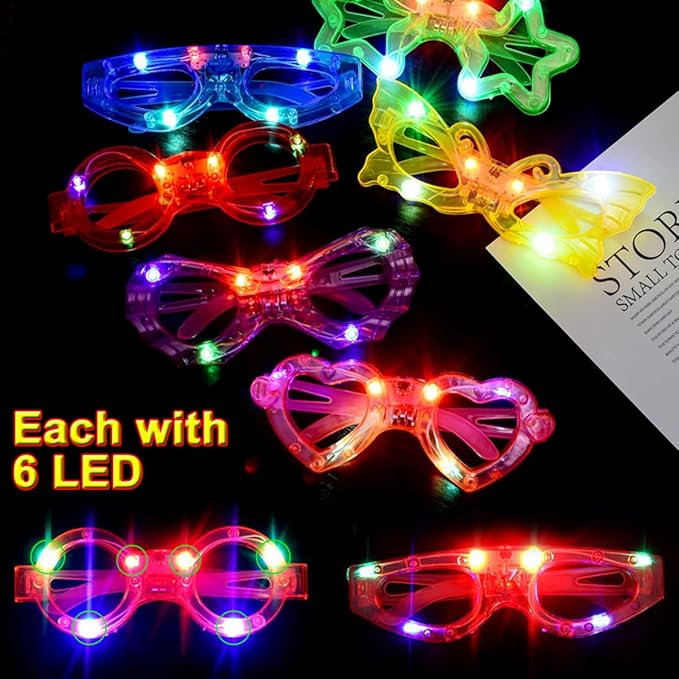 24 Packs LED Glasses for kids Glow in the dark Party Supplies Favor,6 LED 6 Shapes Glasses Flashing Plastic Light up Glass Toys Bulk 3 Replaceable Battery fit Easter Basket Stuffers Party Supplies