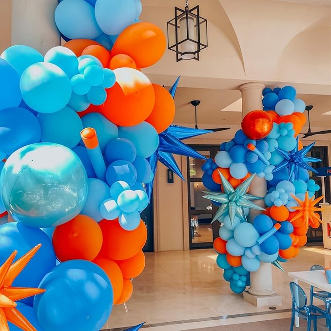 Blue and Orange Birthday Decorations,Royal Light Blue and Orange Decor Happy Birthday Banner Cake Topper Star Heart Foil Balloon for Kids Space Theme Party