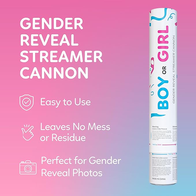 Gender Reveal Streamer Cannon | 6 Pack | 3 Blue and 3 Pink | Multicolor Streamers | Decoration for Gender Reveal Parties, Baby Showers | Launches 25 ft | 12 inch | TUR Party Supplies