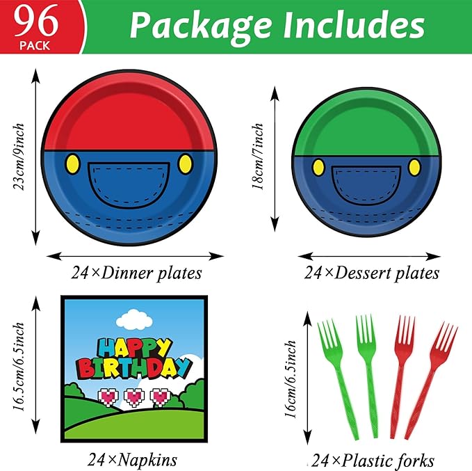 96 Pcs Super Brother Party Supplies Set Super Brother Plates Super Video Games Tablewear and Napkins Forks Super Bros Birthday Party Decorations for Kids Baby Shower Serves 24