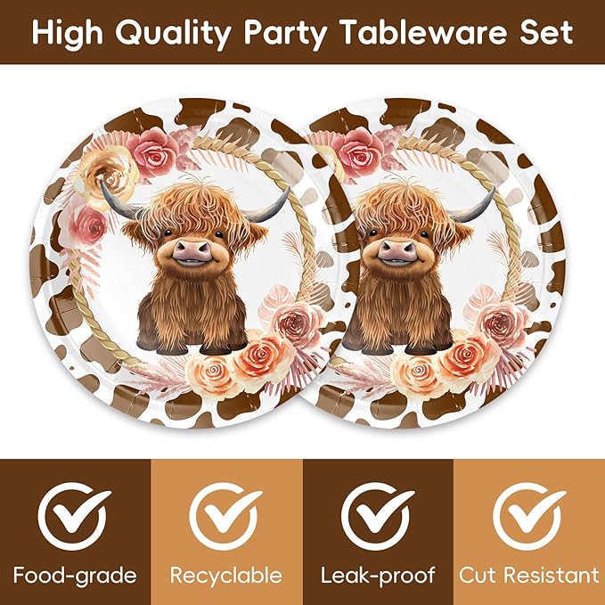 40Pcs Highland Cow Birthday Decorations Brown Cow Print Party Supplies Floral Highland Cow Theme Birthday Disposable Desserts Plates and Napkins for 20 Guest