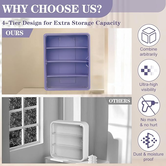 4-Tiers Clear Display Case for Figures, Wall-Mounted Display Box with Adjustable Shelves, Dustproof Display Cabinet Organizer for Mini Figures, Blind Box Toys and Collectibles