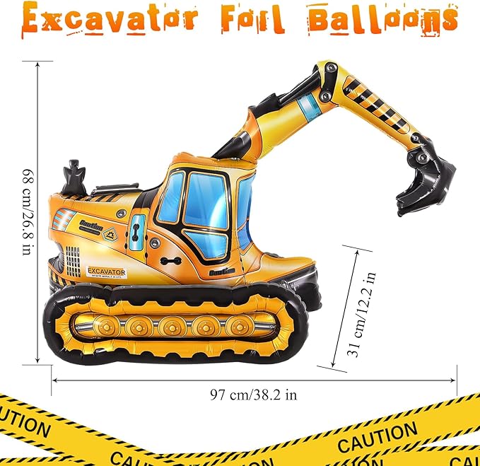 Self Standing 4D Foil Construction Balloon,Large Excavator Balloon, Digger Engineering Vehicle Balloon for Kids,Construction Birthday Party Supplies for Construction Theme Party Decoration