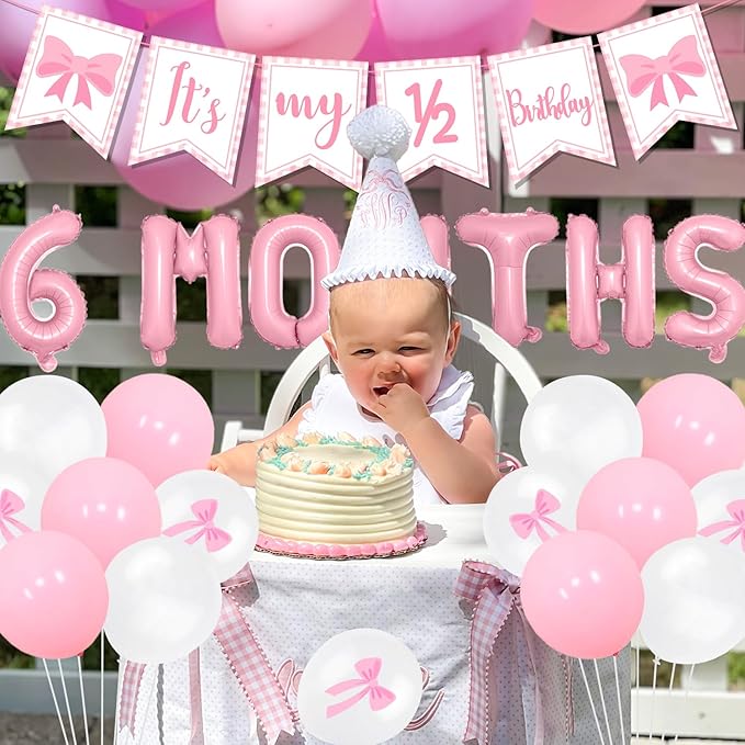Half Birthday Decorations - Pink Gingham Banner Bow, Balloons, Cake Topper for Girls 6 Month Party Supplies