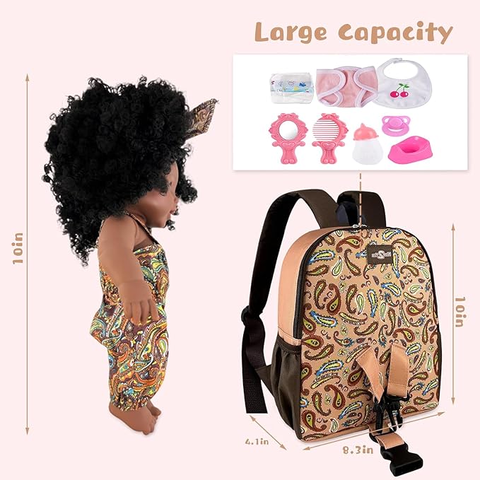 Nice2you Black Baby Doll in Take Along Backpack Carrier, 10in American African Girl Doll for Toddlers and Kids Aged 1-3 2 4 5 Year Old, Backpack for Baby Doll Accessories Storage
