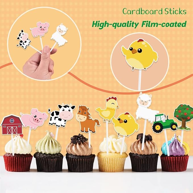 WERNNSAI 36 PCS Farm Cupcake Toppers - Farm Animal Birthday Decorations Animal Cake Toppers Picks Barnyard Party Decorations for Kids Baby Shower Birthday Tractor Theme Party Supplies