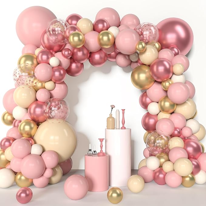 Amandir 153Pcs Boho Blush Balloon Garland Arch Kit, Nude Cream Peach Dusty Rose Pink Gold Confetti Metallic Balloon for Valentines Day Baby Shower Birthday Party Wedding Decorations