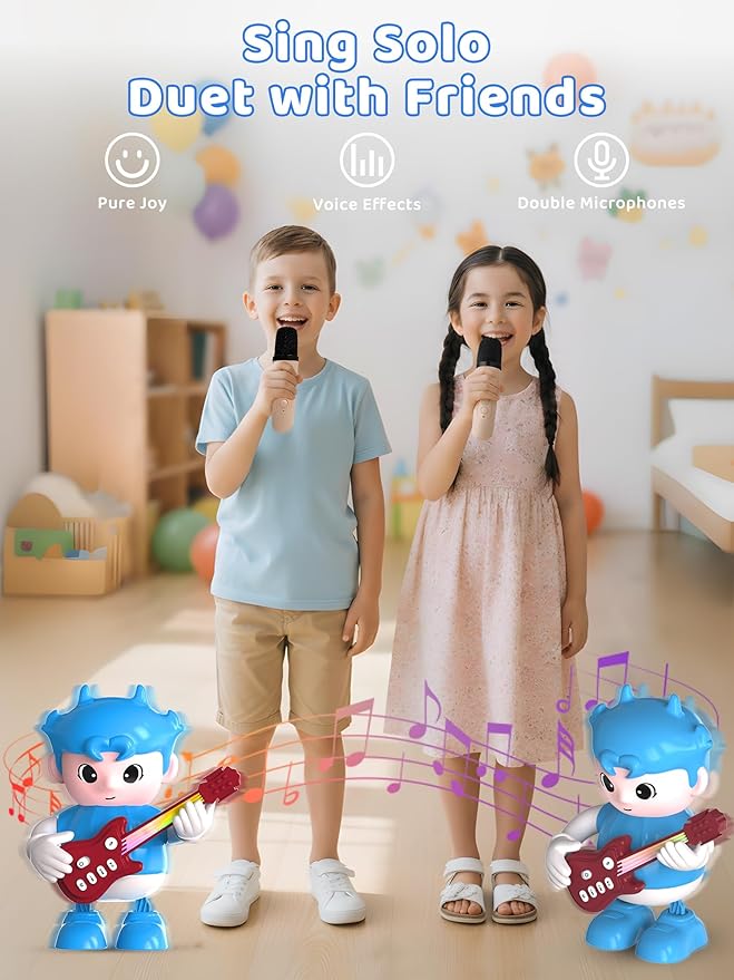 URROY Mini Karaoke Machine for Kids with Microphone, Cartoon Singing Toy Bluetooth Speaker with LED Lights, Rechargeable Portable Karaoke for Boys & Girls Birthday Party