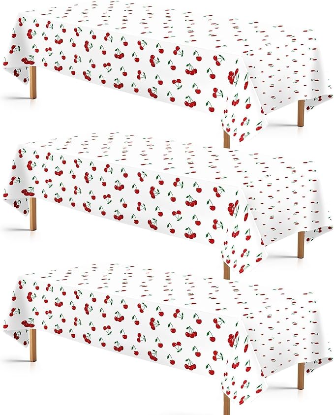 Grencian 3Pcs Cherry Tablecloth Cherry Table Cover Plastic Rectangle Fruit Theme Table Cloth for Cherries Birthday Wedding Bridal Baby Shower Party Decorations, 54 X 108 Inch
