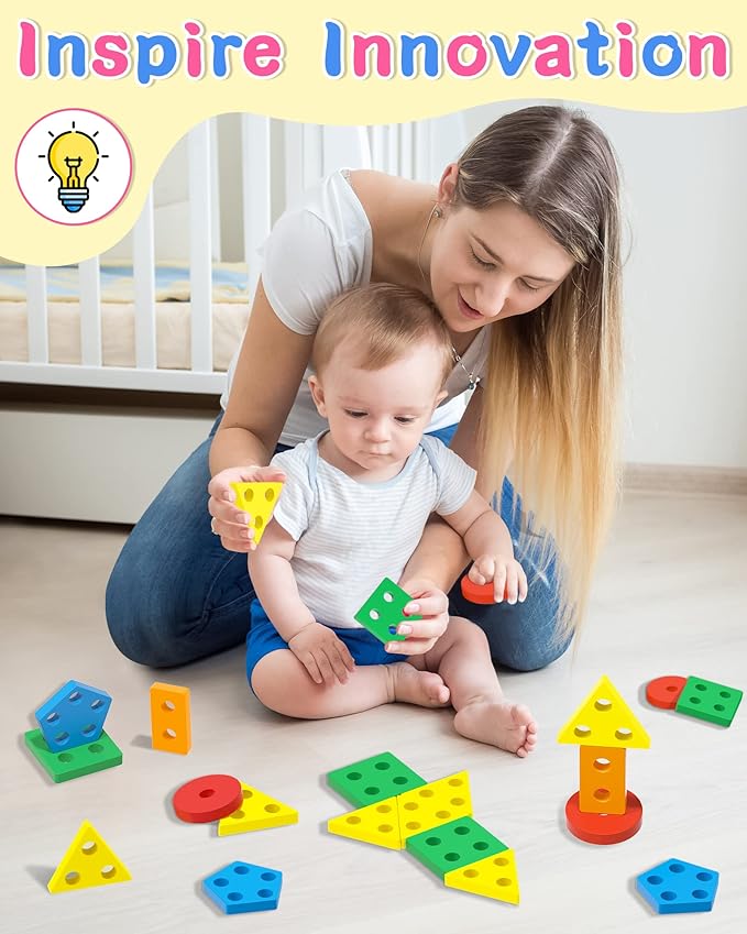 Montessori Toys for 1 2 Year Old Girl and Boy Birthday Gifts, Shape Sorter Wooden Toys for Toddlers Age 1-3 2-4, Learning Educational Sensory Stacking Easter Basket Stuffers Toy Toddler Puzzles