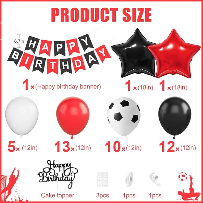 Soccer Birthday Party Decorations for Men Women, Soccer Birthday decorations with Red Black White Balloons Happy Birthday Banner Cake Toppers 18in Foil Balloon for Boys Girls Women Men Party Decor