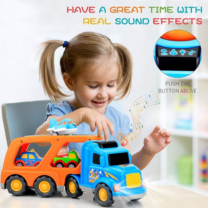 Forty4 9 Pack Cars Toys for 2 3 4 5 Years Old Toddlers Boys & Girls Gift, Big Transport Truck with 8 Small Cute Pull Back Trucks, Carrier Truck with Sound & Light 13.5 * 5.5 inch, 2.5 * 1.6 inch