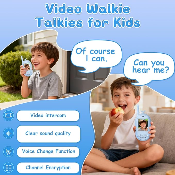 Video Walkie Talkies for Kids Toys - 2 Pack Rechargeable Walkie Talkie with Camera and Screen,Long Range 2 Way Radio for Outdoor Camping Games,Christmas Birthday Gifts for Boys Girls Age 3-12(Blue)