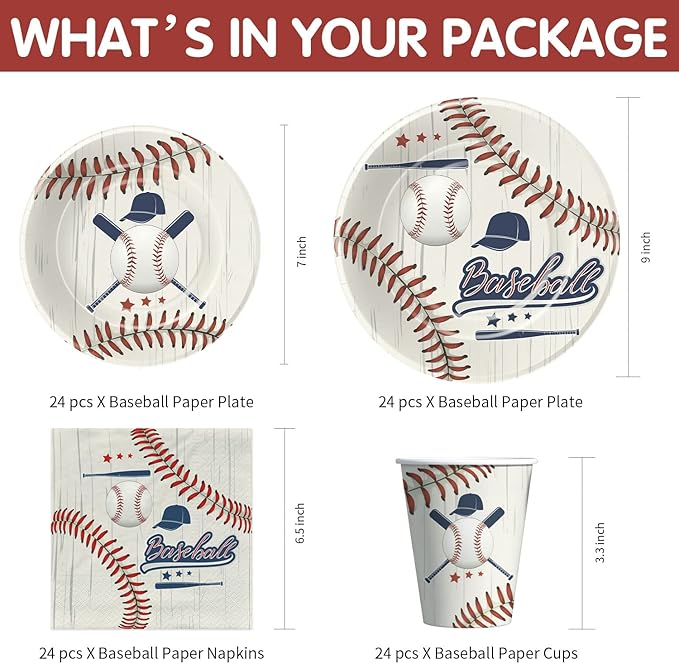 Baseball Party Decorations Tableware, Baseball Birthday Baby Shower Party Supplies Dinnerware Include Paper Plate, Cup, Napkin, Tablecloth, Cutlery, Straw, Serves 24