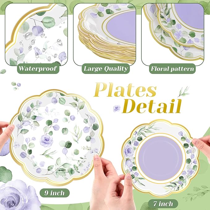 60 Pcs Eucalyptus Paper Plates 9 in and 7 in Purple Dessert Party Plates with Gold Rim Disposable Floral Shape Tableware for Wedding Birthday Party Baby Shower Bridal Shower
