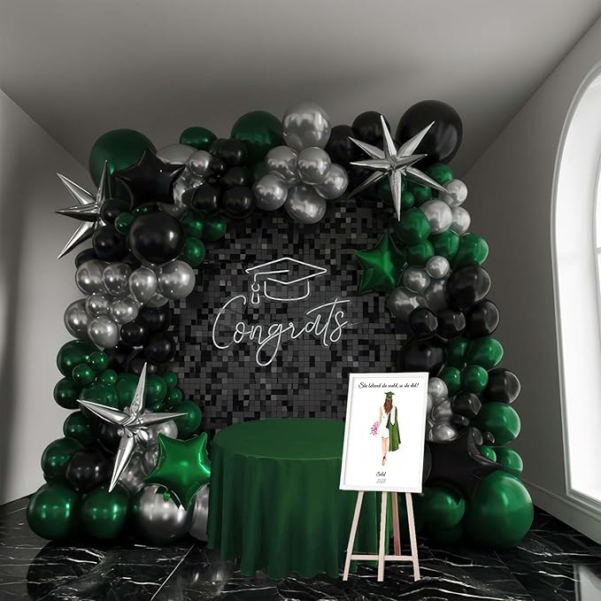 emerald green and silver black balloon garland arch kit 160pcs with star five-pointed star mylar balloon for Birthday anniversary 2026 graduations Prom decorations