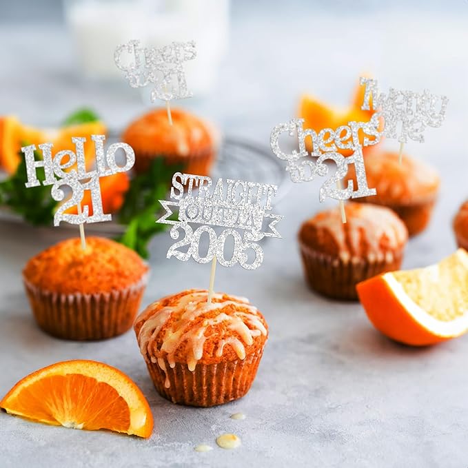 Ephlyn 24Pcs 21st Birthday Cupcake Toppers Glitter Straight Outta 2005 Cupcake Picks Hello 21 Cheers to 21 Years Cake Decorations for 21st Birthday Anniversary Party Decorations Supplies Silver