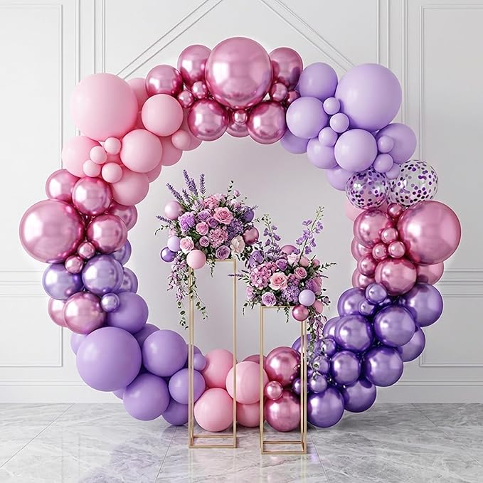RUBFAC Pink Purple Balloon Garland Arch Kit 129pcs Different Sizes Pack of 18 12 10 5 Inch, Latex Metallic Confetti Lavender Purple Pastel Pink Balloon Garland Arch Kit for Birthday Wedding