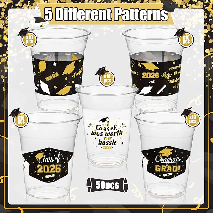 GuassLee Black and Gold Graduation Decorations 2026 Party Cups - 50pcs 12 Oz Black Gold Disposable Graduation Plastic Cups for Drinks Class of 2026 Grad Party Supplies