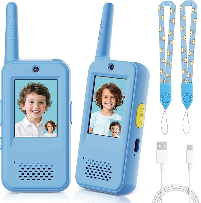 Video Walkie Talkies for Kids with 6 Voice Effects, Support Send Voice, Pictures, Emojis, and Selfies, Christmas Birthday Gifts for Kids Indoor Outdoor Camping(Blue/Blue)