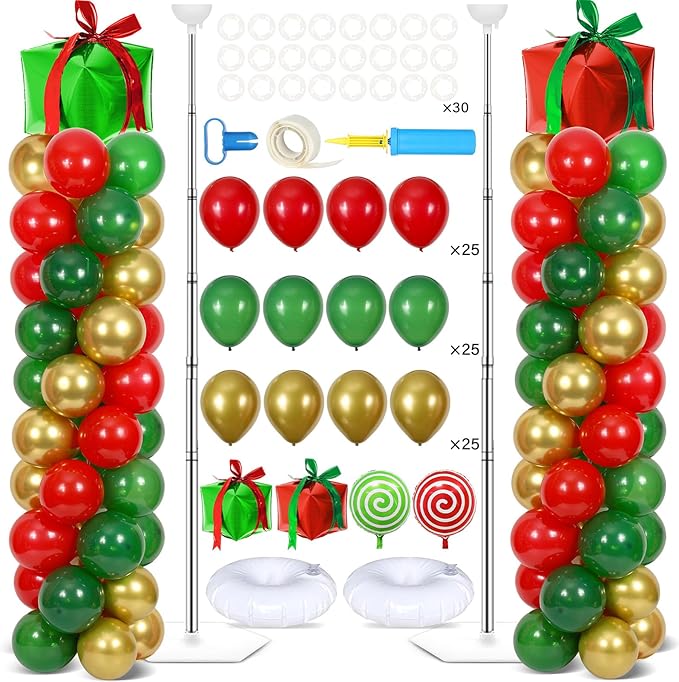 2 Sets Christmas Party Balloon Column Stand Kit With 102 Christmas Gift Boxes Foil Balloons 5.57Ft Adjustable Balloon Tower Stand With Base Adjustable Arch Column for Xmas Birthday Party Supplies