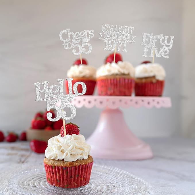 Ephlyn 24Pcs 55th Birthday Cupcake Toppers Glitter Straight Outta 1971 Cupcake Picks Hello 55 Cheers to 55 Years Cake Decorations for 55th Birthday Anniversary Party Decorations Supplies Silver