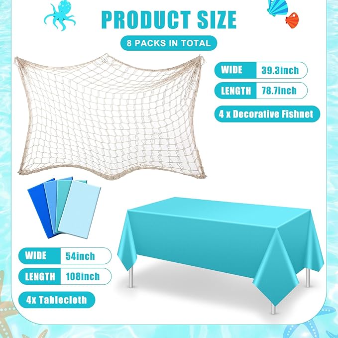 Unittype 8 Pcs Fish Net Decorative and Tablecloth Set, Cotton Fishnet and Plastic Table Cover Decorations Set for Nautical Themed Party Baby Shower Pirate Decorations Mermaid Party (Natural Colors)