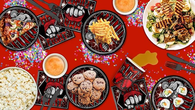 Birthday Galore Martial Arts MMA Birthday Party Supplies - Ultimate Boxer Champion Fighter Party Tableware Set - Red - Includes Plates Napkins Cups - Kit for 16