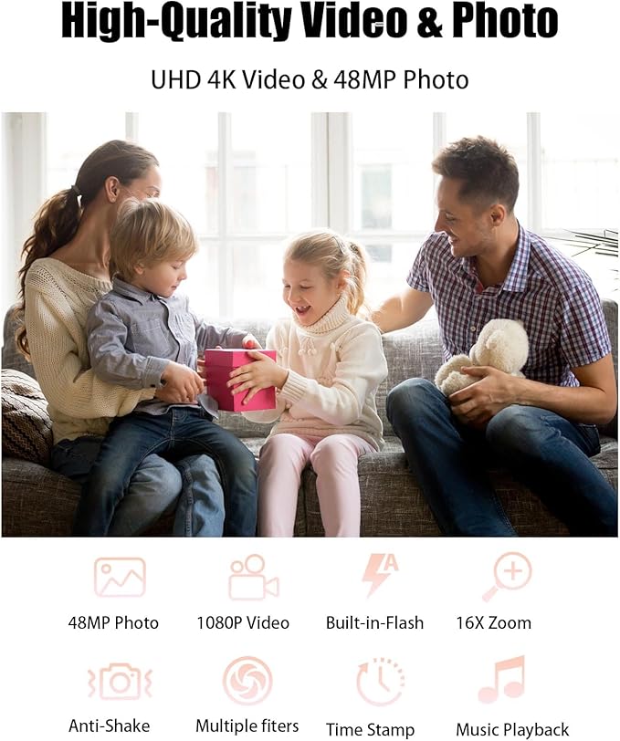 Kids Digital Camera,4800MP Selfie Camera,4K 1080P HD Video,with16X Zoom Anti Shake,Kids Chritmas Birthday Festival Gift - 32G SD Card
