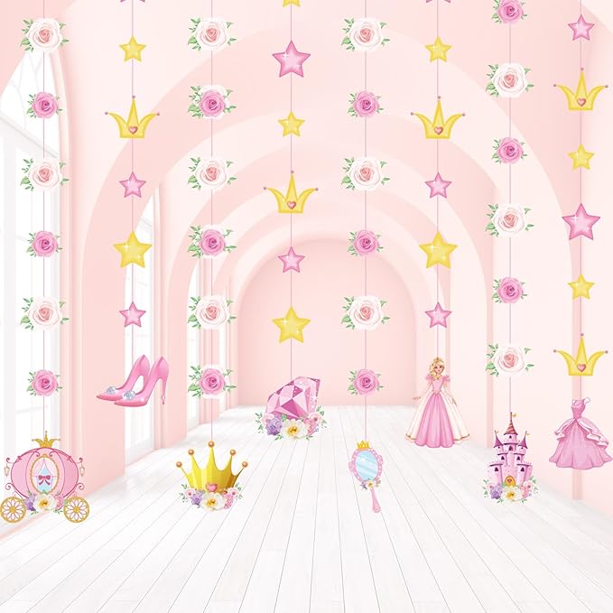 8 Pieces Floral Princess Party Decorations Princess Theme Garland Banners Pink Gold Castle Crown Carriage Paper Cutouts for Birthday Baby Shower Favors Classroom Supplies