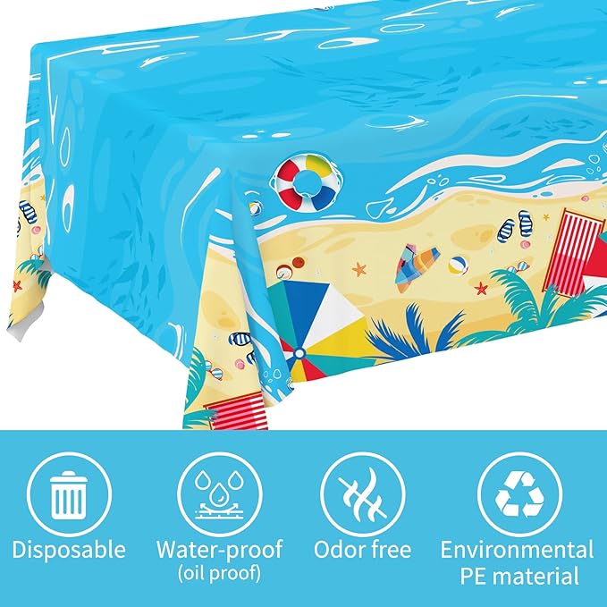 Gatherfun Beach Theme Party Supplies Summer Pool Disposable Tablecloth Plastic Waterproof Table Cover for Hawaiian Party Birthday Decorations, 3 Pack 54X108inch