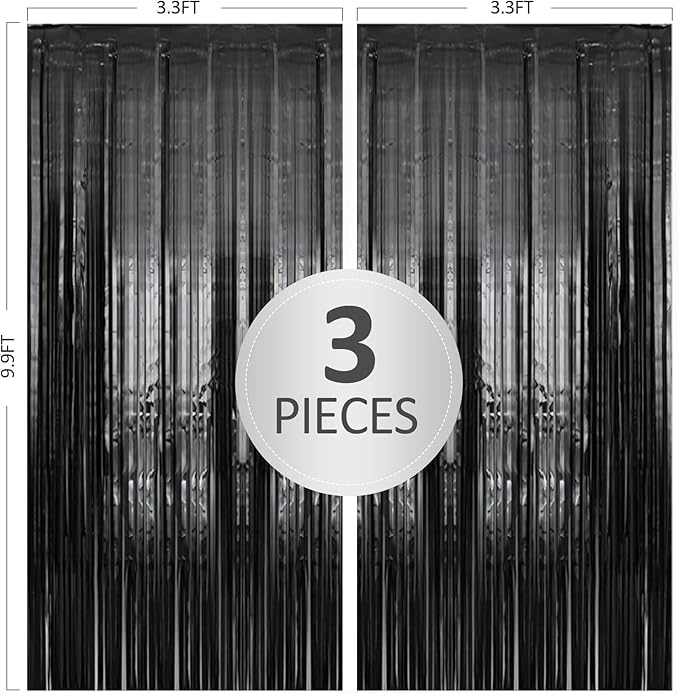 3 Pack 3.3 x 9.9 ft Black Foil Fringe Backdrop Curtain, Streamer Backdrop Curtains, Streamers Birthday Party Decorations, Tinsel Curtain for Parties, Galentines Decor, Preppy, Photo Booth