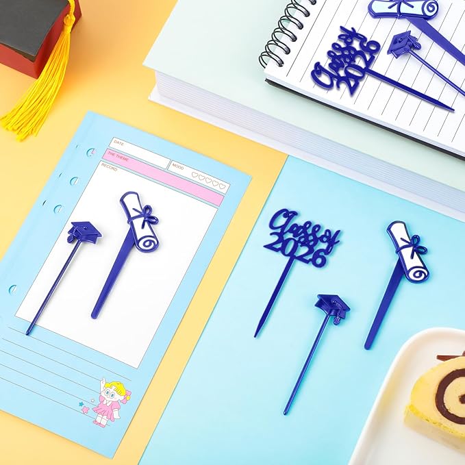Boao 90 Pieces Class of 2026 Theme Graduation Cake Topper Plastic Cupcake Picks Graduation Cupcake Decorations for Party Supplies and Favors, 3 Styles(Blue)