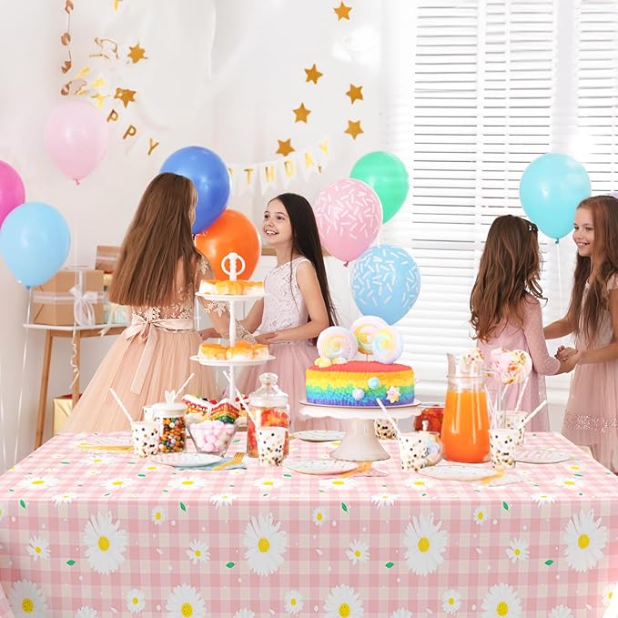 3pcs Daisy Plastic Tablecloth, 54x108 inch Spring Daisy Theme Table Cover, Pink Plaid Flower Tablecloth for Spring Floral Party, Baby Shower, Daisy Birthday Party Decorations