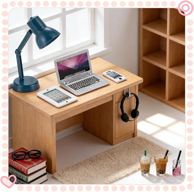 12Pcs Dollhouse Miniature Laptop Computer Tablet Phone Lamp Book Glasses Coffee Headset Simulation Accessories 1/12 1/6 Toy Pad Play Set Fits Barbie Doll Girl Mini Drink Party Office (Bule)