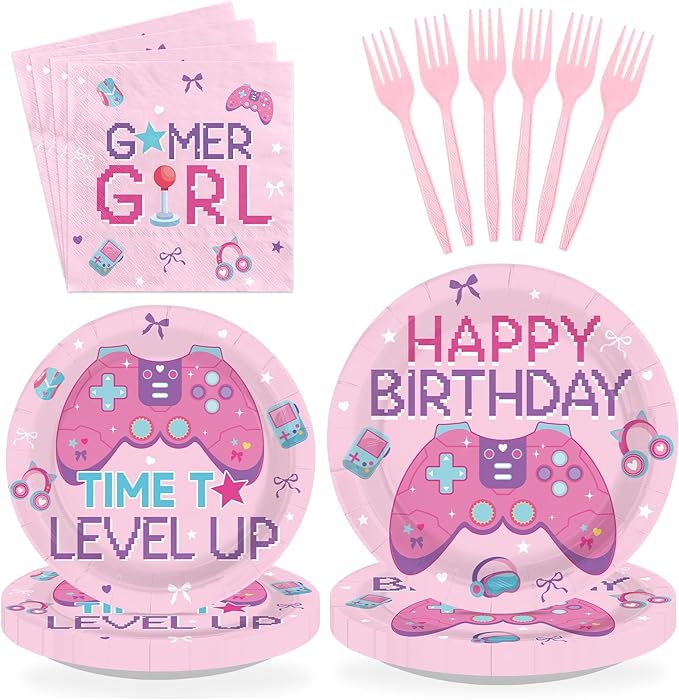 96Pcs Video Game Birthday Party Supplies Pink Game Birthday Plates and Napkins Teens Gaming On Level Up Tableware Set for Girls Kids Baby Shower Gamer Party Decorations Serves 24
