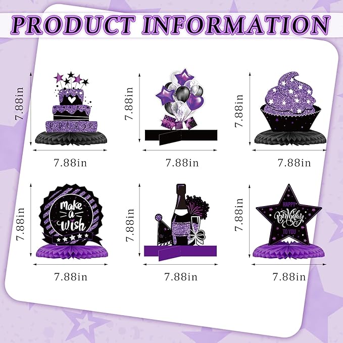 Clabby 12 Pcs Purple Black Birthday Decorations Purple Happy Birthday Table Centerpieces Honeycomb Cute Table Top for Women Men Photo Best Wishes Anniversary Party Supplies 20th 30th 40th 50th 60th