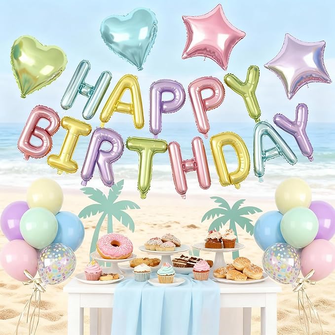 29PC Pastel Happy Birthday Balloon Banner, 16Inch 3D Aluminum Letter Banner Sign, Multicolor Pastel Balloons 18 Inch Star Heart Star Foil Balloon for Women, Men Party Supply