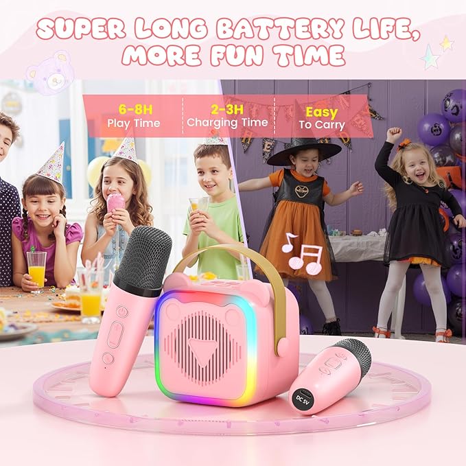 Mini Karaoke Machine for Kids,Portable Bluetooth Speaker with 2 Microphones,Music Player for Singing and Party,Ideas Birthday Toys Gifts for Girls Boys 3,4,5,6,7,8,9,10,11,12+ Years Old (Pink)