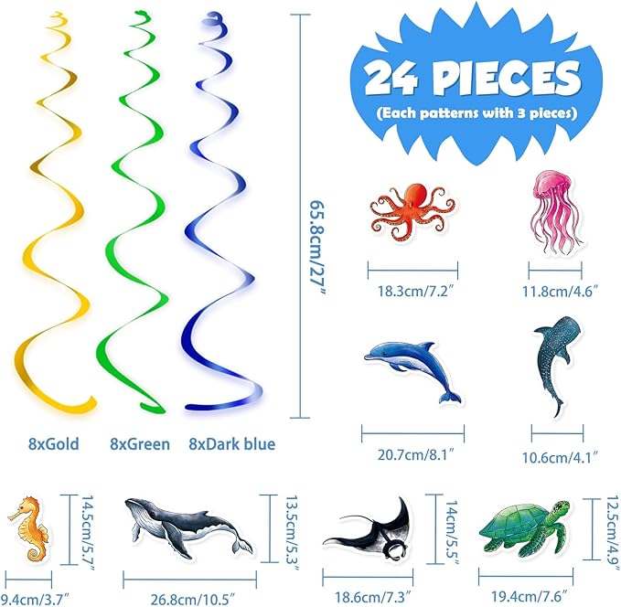 WERNNSAI 24 Pcs Ocean Party Hanging Swirls - Ocean Theme Party Decorations Sea Animals Ceiling Streamers Decor for Boys Kids Summer Under The Sea Baby Shower Birthday Party Supplies Wall Window Decors