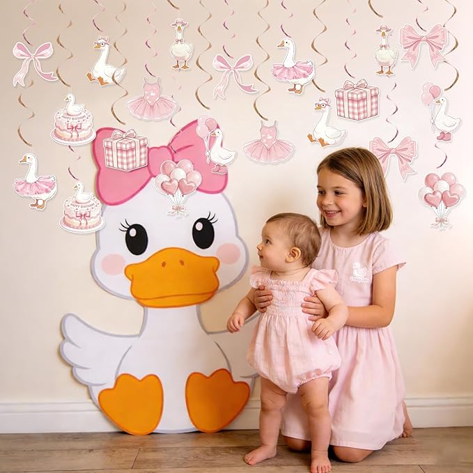 Goose Birthday Decorations One Silly Goose Hanging Swirl Decorations Pink Goose Party Supplies for Baby Girl 1st Birthday Bow Theme Baby Shower Ceiling Decor