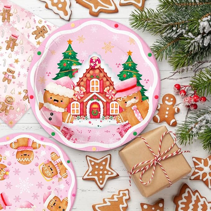 194 Pcs Christmas Party Supplies Decorations Pink Gingerbread Party Decorations Gingerbread House Cookie Christmas Disposable Tableware Set with Plates Napkins and Tablecloth Serves 24 Guests